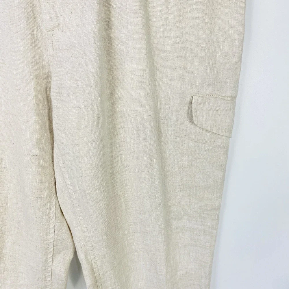 Caribbean Men's Linen‎ Cargo Pants Size 36x30 Tan Elastic Waist Neutral Coastal